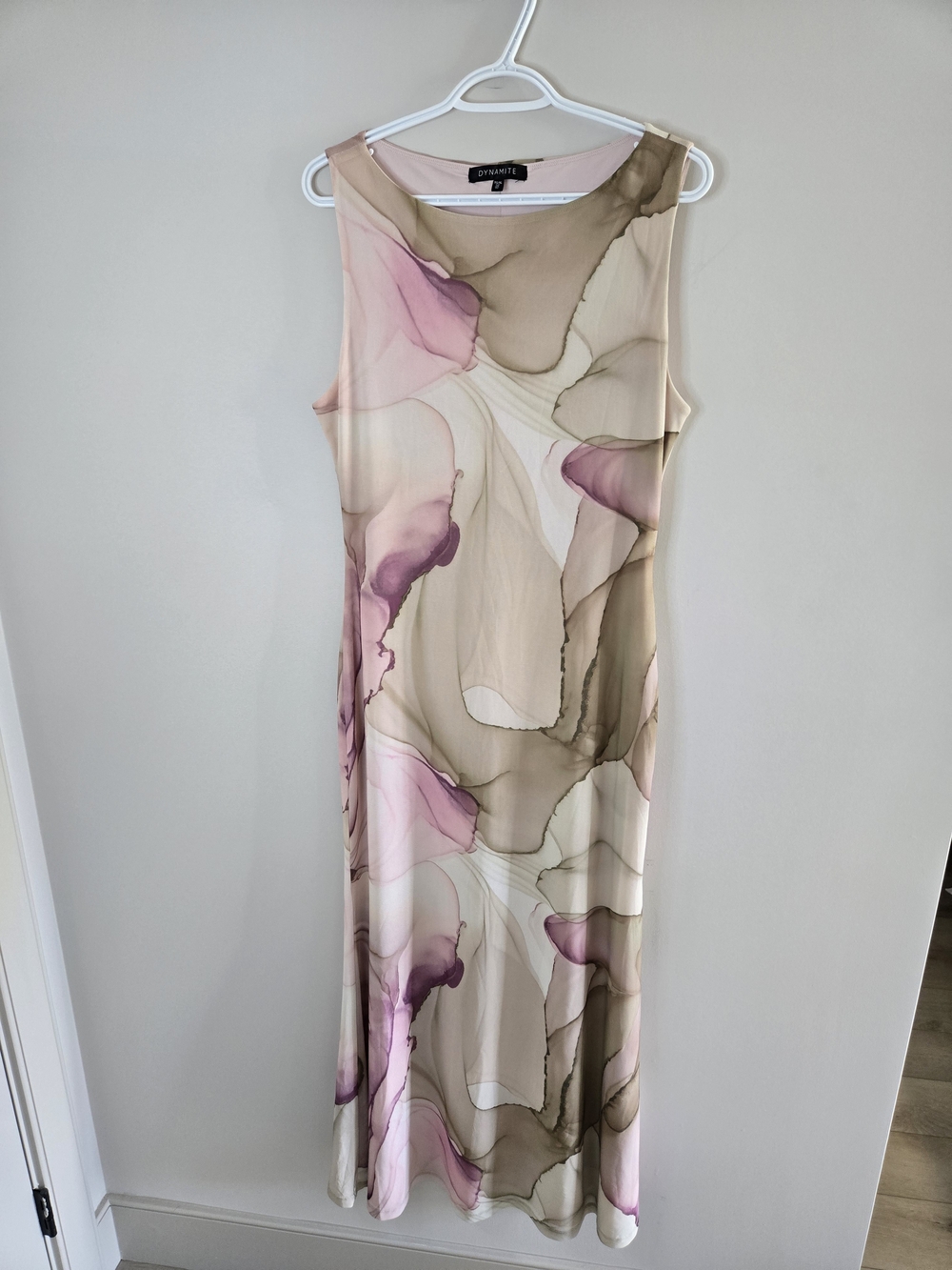Dynamite pink, taupe pastel watercolor-print sleeveless maxi, lined, XL + new